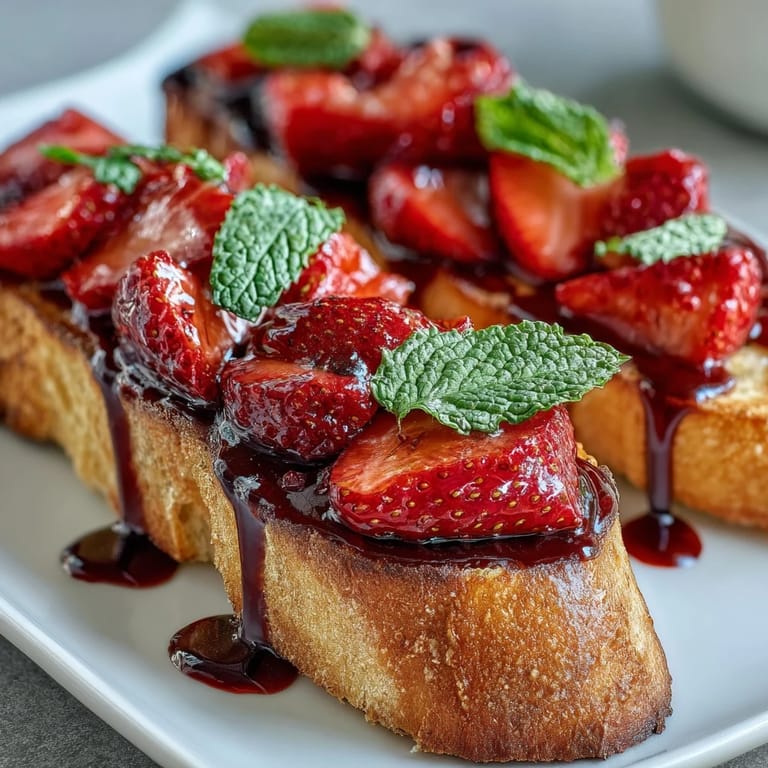Golden toasted baguette topped with fresh strawberry and mint salsa, drizzled with tangy balsamic glaze for a vibrant, flavorful bite.