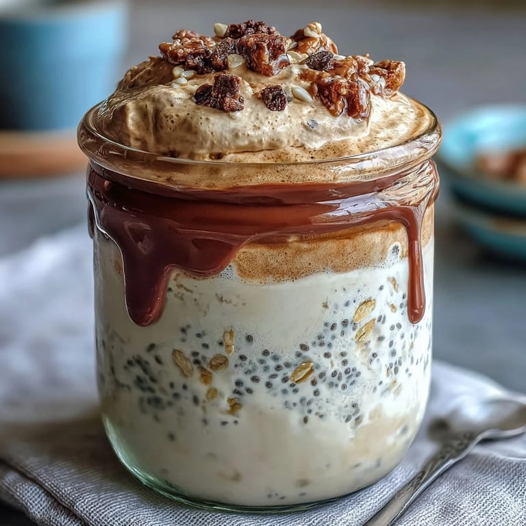 Chilled Vanilla Bean Frappuccino overnight oats with Greek yogurt, chia seeds, and a fluffy whipped cream topping.