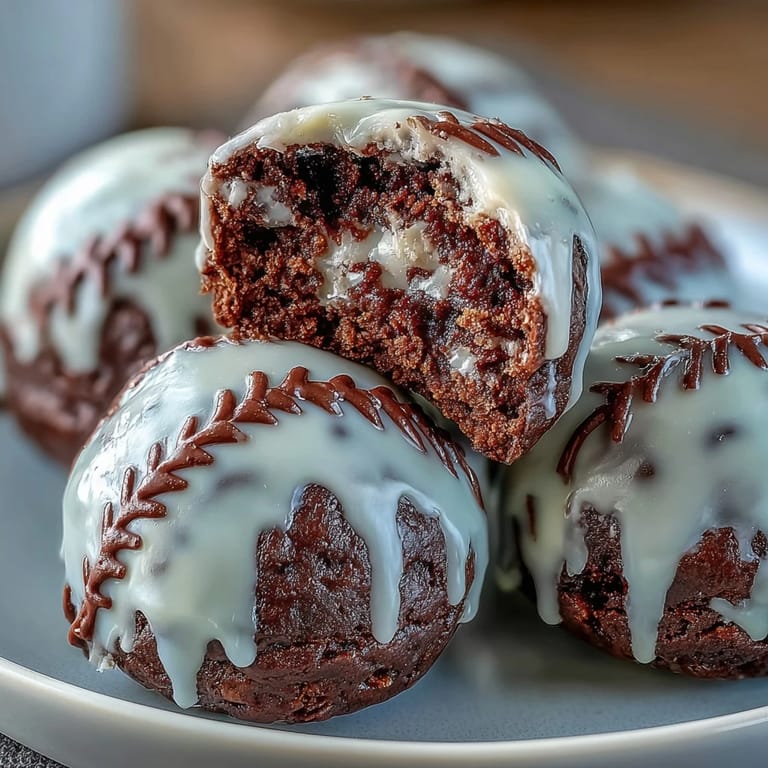 Delicious fudgy brownie bites decorated like baseballs, featuring smooth chocolate flavor and sweet icing laces for an eye-catching sports dessert.