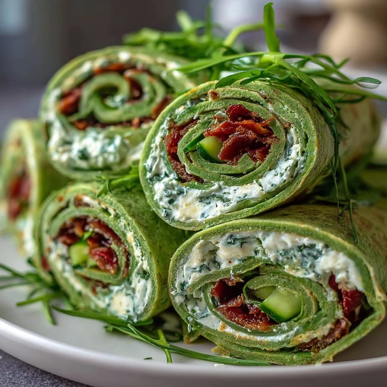 Vibrant green wraps rolled with herbed cream cheese, crunchy carrots, and bell peppers—ideal for healthy snacking or appetizers.