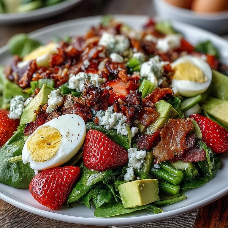 A fresh Spring Cobb Salad with Strawberries and Avocado combines crisp vegetables, hard-boiled eggs, and crumbled bacon for a satisfying meal.