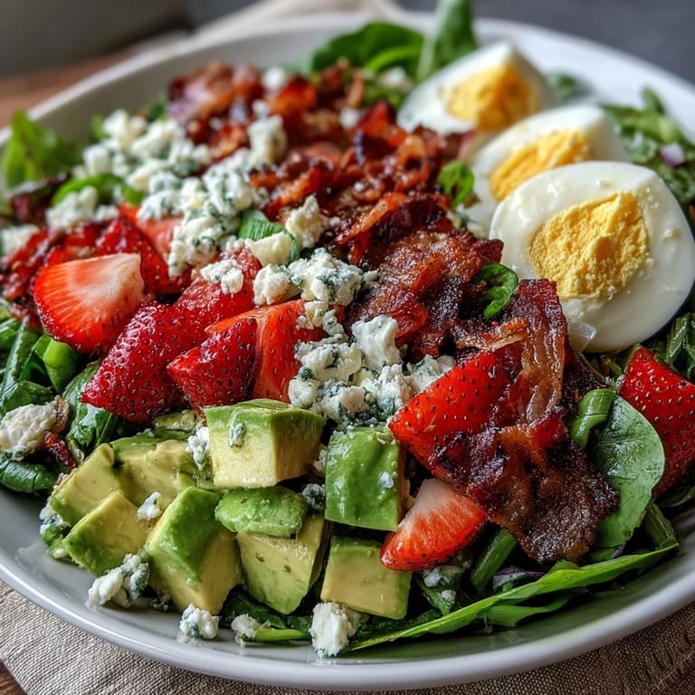Colorful Spring Cobb Salad with Strawberries and Avocado showcases rows of fresh produce drizzled with balsamic dressing for a perfect springtime dish.
