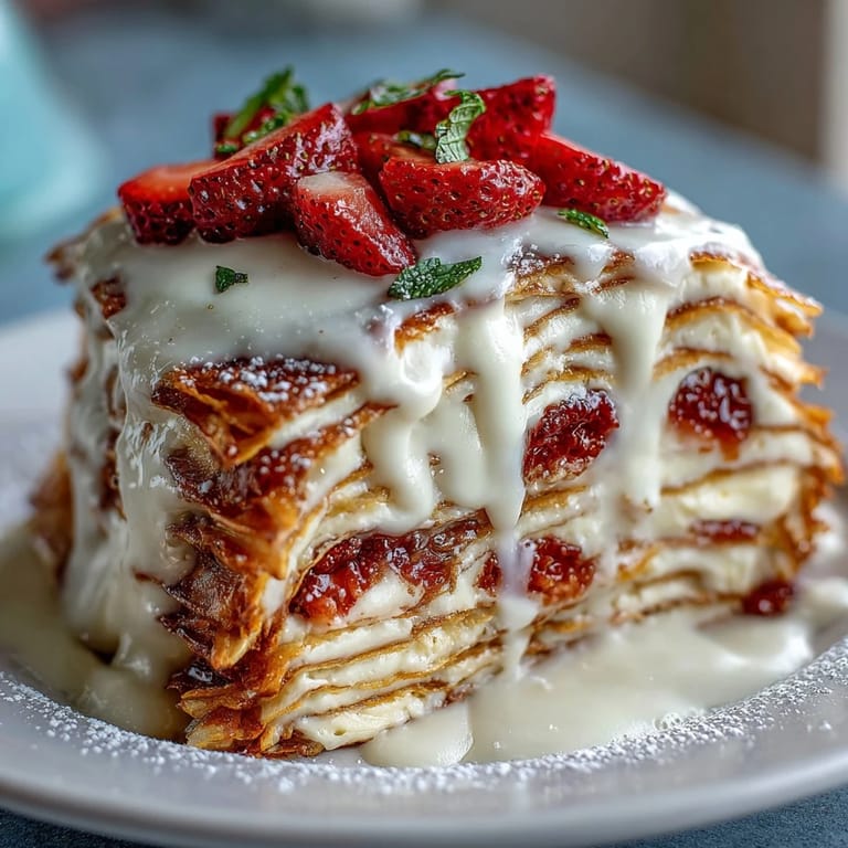 Stack of thin, buttery crepes layered with vanilla cream and fresh strawberries, dusted with powdered sugar for a beautiful dessert.