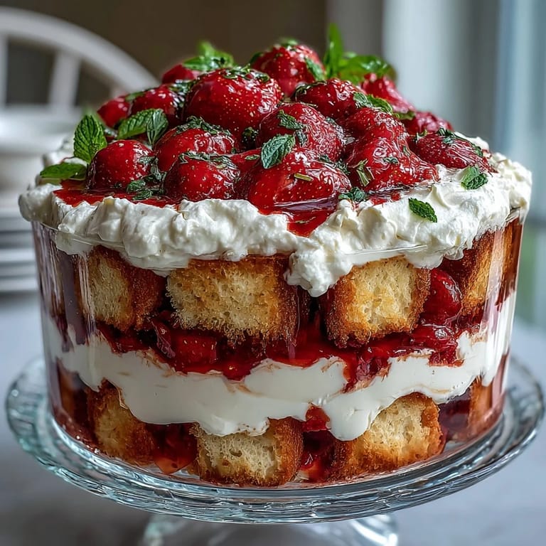 Layered Mothers Day Strawberry Shortcake Trifle with tender shortcake, fresh macerated strawberries, and rich whipped cream, ideal for spring celebrations.