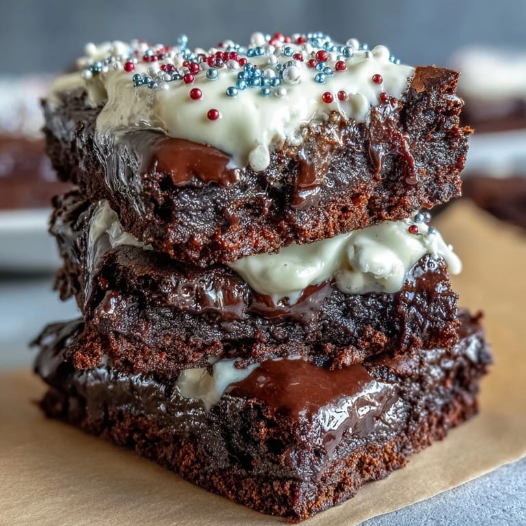 Mini brownie bites frosted and decorated with red, white, and blue sprinkles, perfect for celebrating the 4th of July.