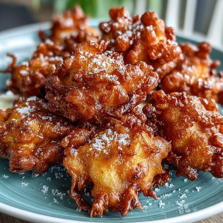 A close-up view of a perfectly fried, golden-brown dandelion fritter showing the delicate texture of the batter and petals.