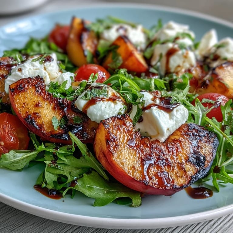 Colorful grilled peach and burrata salad, combining peppery arugula, ripe tomatoes, and tangy balsamic drizzle.