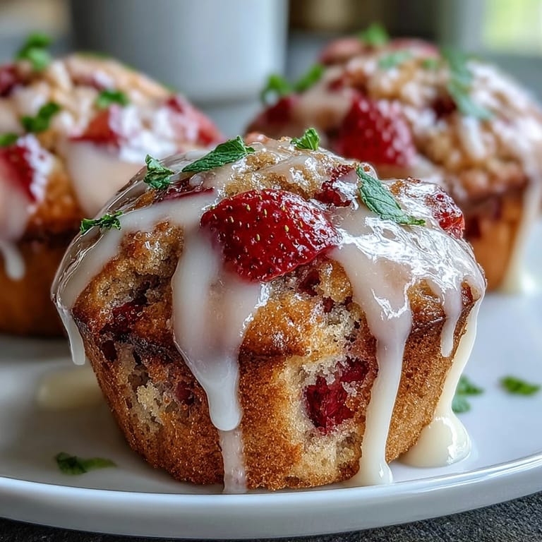 Fresh strawberry muffins bursting with citrus flavor, drizzled with a sweet-tart lemon glaze for a sunny morning treat.  