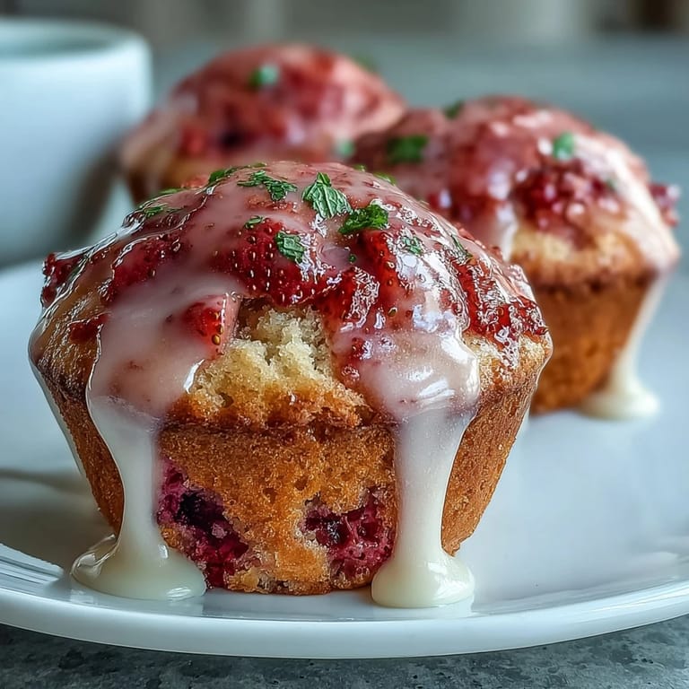 Golden muffins studded with juicy strawberries and finished with a tangy lemon glaze, ideal for brunch or an afternoon snack.