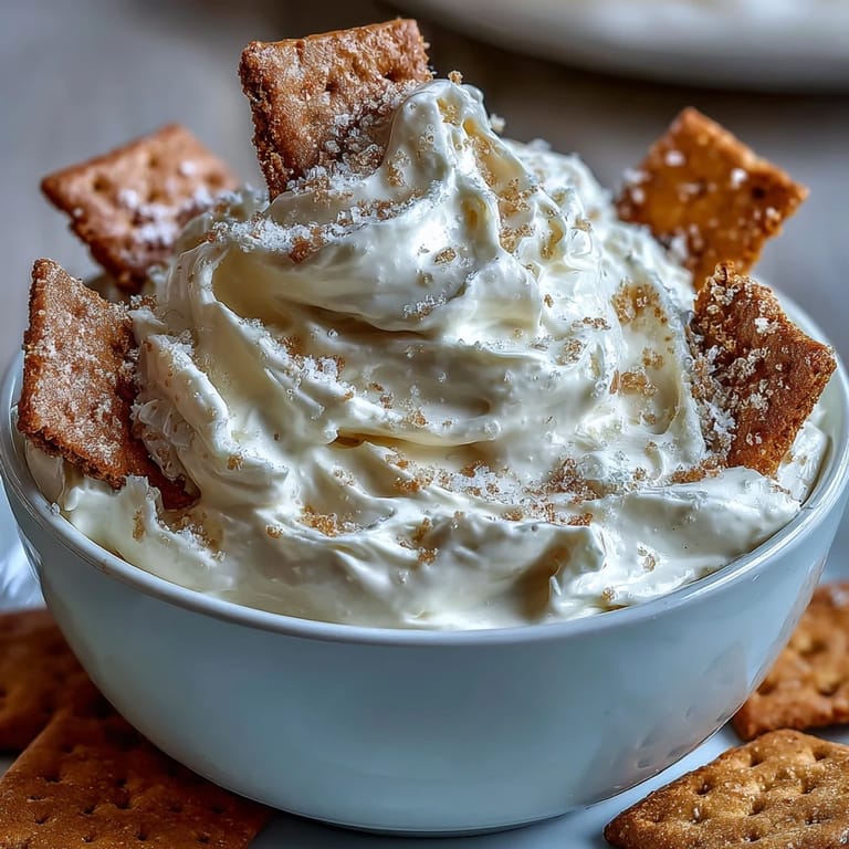 Sweet and fluffy 3-ingredient cheesecake dip paired with classic graham cracker sticks.