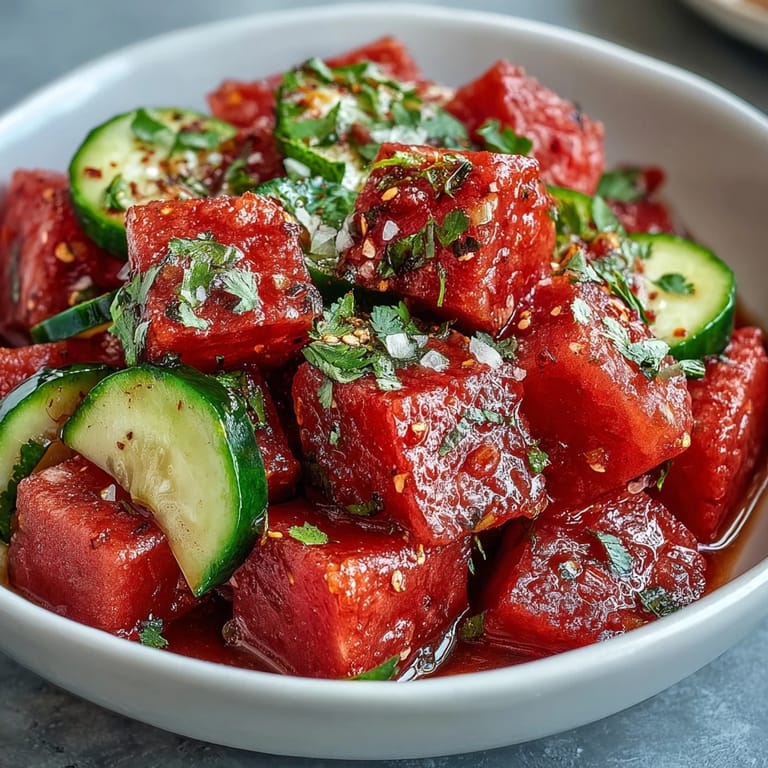 Refreshing watermelon cucumber salad, lightly seasoned with Tajin and bright lime juice.