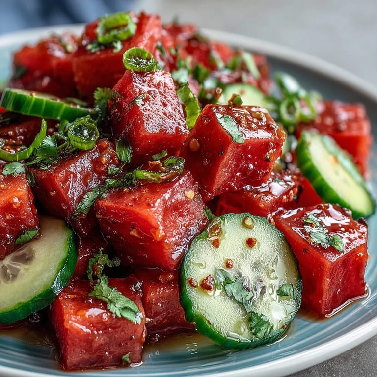Colorful watermelon cucumber salad, perfect as a chilled side dish with a spicy kick.