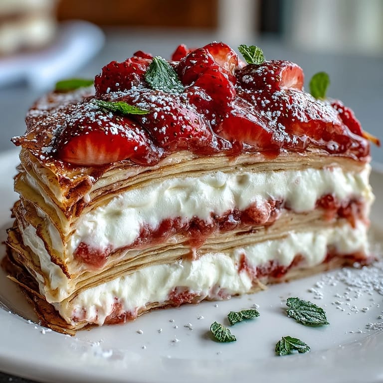 Decadent crêpe cake, artfully arranged with fresh strawberries and creamy filling.