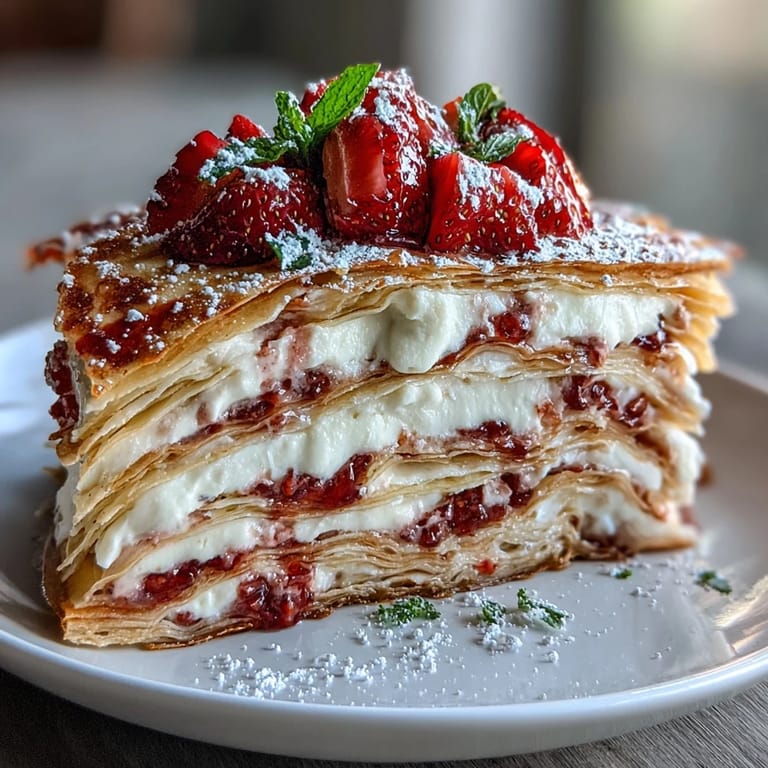 Celebratory crêpe cake, showcasing layers of fruit and mascarpone, ready to serve.