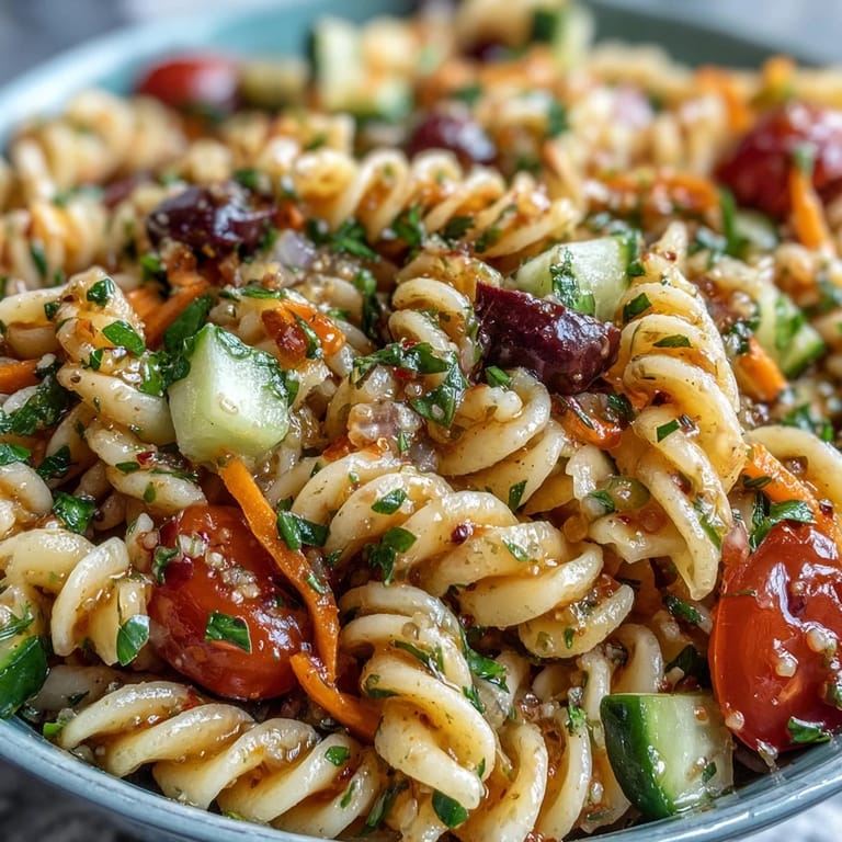 Fresh Memorial Day pasta salad featuring vibrant vegetables and a tangy dressing.