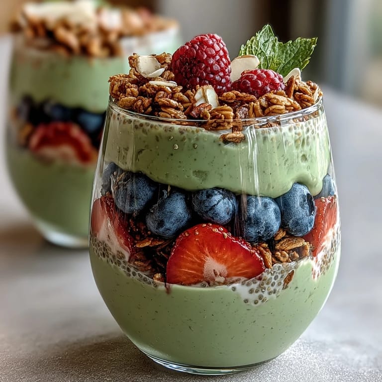 Fiber-rich avocado chia pudding parfait, a delightful dessert topped with crunchy granola.