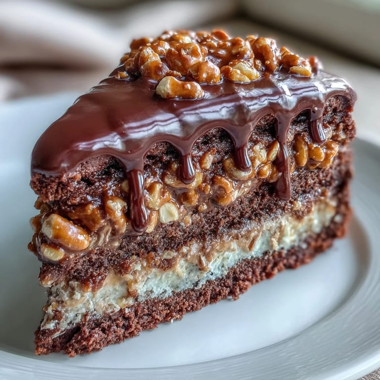 Decadent Father's Day Chocolate Peanut Butter Pretzel Cake stacked high.