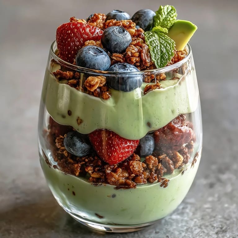 Refreshing avocado chia pudding parfait, showcasing smooth green cream and jewel-toned fruit.