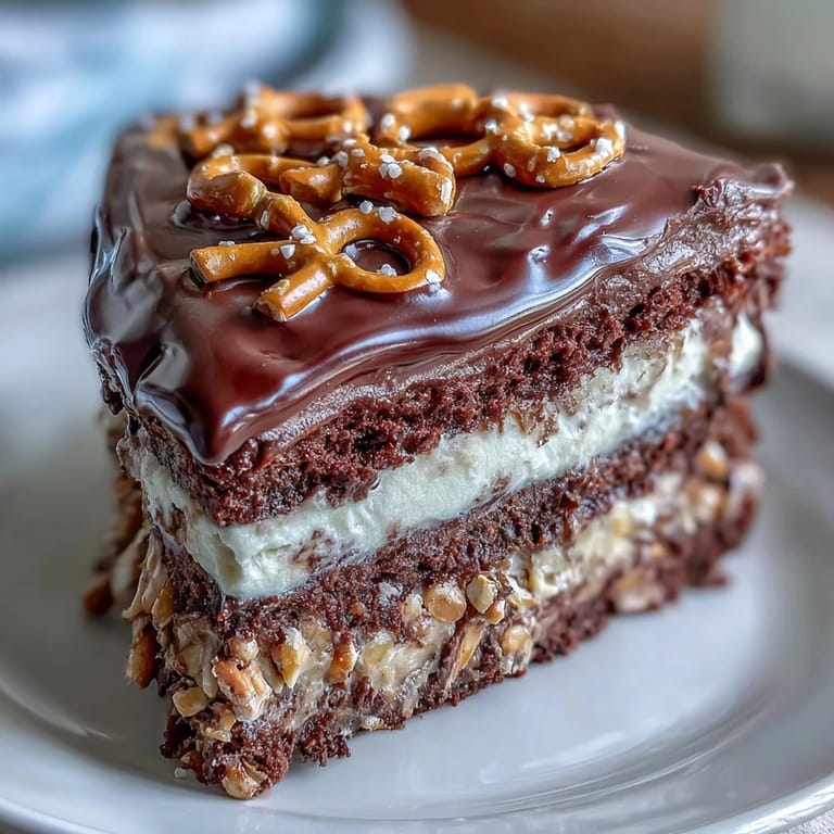 Rich, moist Father's Day Chocolate Peanut Butter Pretzel Cake dripping chocolate ganache.