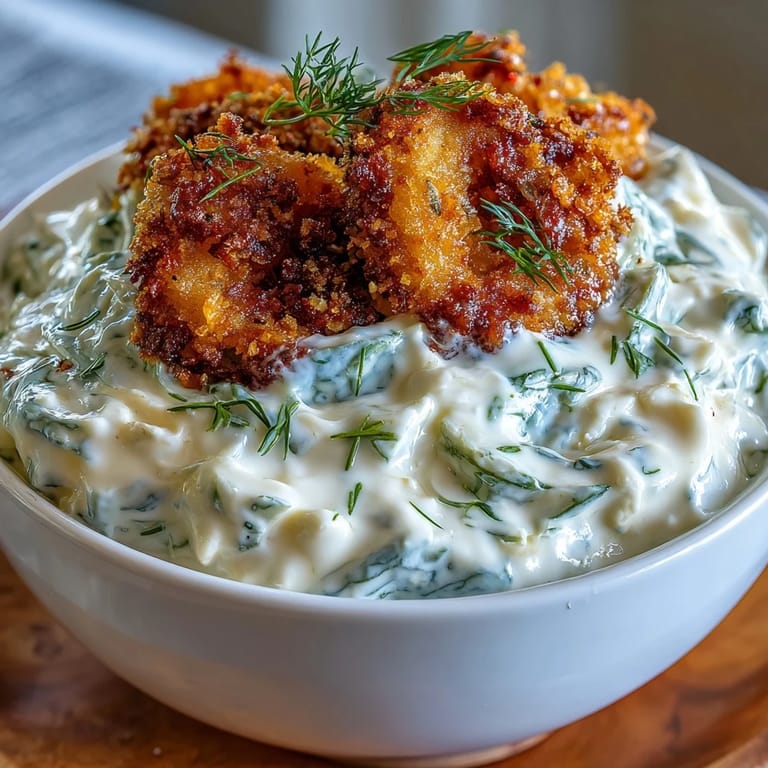 Close-up of Fried Pickle Dip topped with fresh green onions and pickles.