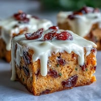 Frosted Cranberry Bliss Bars with orange zest and white chocolate drizzle on a rustic wooden board.