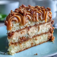 A close-up of Decadent Baked Biscoff Cake with Creamy Lotus Frosting, topped with crunchy biscuit pieces and a warm caramel drizzle.