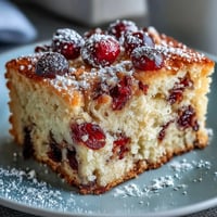 Freshly baked Cranberry Orange Breakfast Cake with a tender crumb, dusted with powdered sugar and showcasing vibrant orange zest.