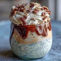 Creamy Vanilla Bean Frappuccino overnight oats jar layered with coffee and topped with whipped cream and chocolate chips.