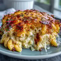 Southern Soul Food Oven-Baked Mac and Cheese with a creamy, cheesy interior and golden crunchy topping, served hot and bubbling from the oven.