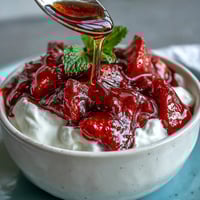 Creamy Greek yogurt topped with vibrant strawberry compote, a sweet-tart delight perfect for breakfast or dessert.