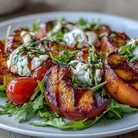 Grilled peaches and burrata salad with arugula and balsamic glaze, a vibrant summer dish.  