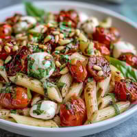 Vibrant summer pasta salad with cherry tomatoes, fresh mozzarella, and fragrant basil, drizzled with olive oil and balsamic glaze.