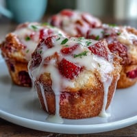 Fluffy strawberry lemon muffins topped with a glossy lemon glaze, perfect for a bright spring breakfast or brunch.  
