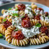 Creamy Caprese pasta with burrata, cherry tomatoes, and fresh basil for a vibrant summer meal.  