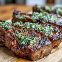 Grilled lamb chops topped with fresh mint gremolata, offering a zesty Mediterranean flavor.