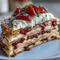Mother's Day Crêpe Cake with strawberry mascarpone filling, beautifully layered.