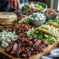Cinco de Mayo street taco bar with juicy carne asada and colorful toppings.
