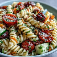 Colorful Memorial Day pasta salad with crisp veggies and zesty Italian dressing.